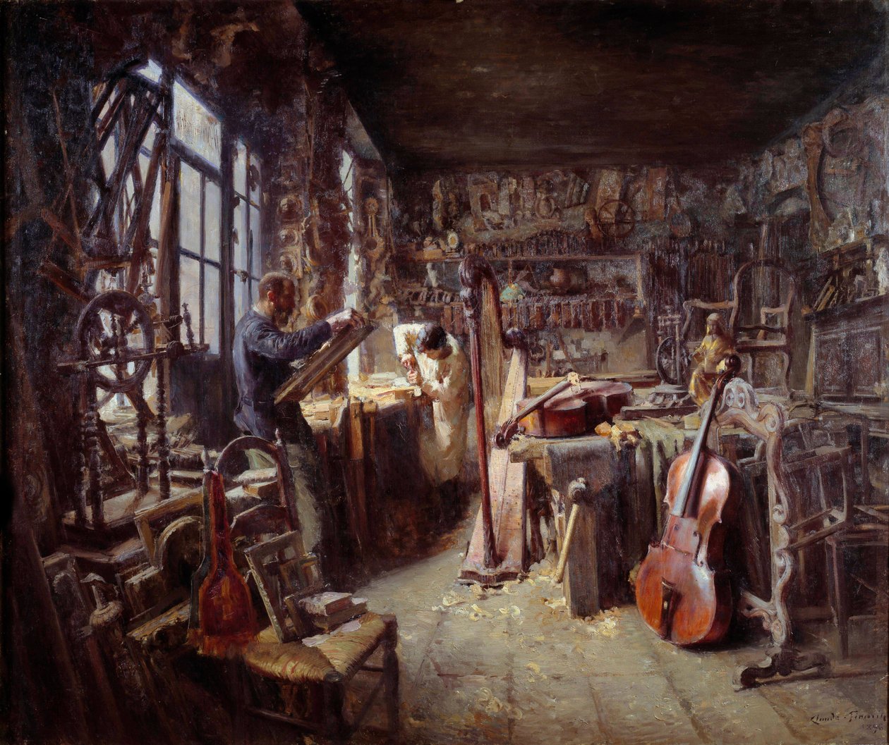 مرمم في ورشته مليئة بالأدوات. لوحة لكلود فيرمين (1864-1944) 1896 متحف أفينيون كالفيت إنتباه! قد يخضع استخدام هذا العمل لطلب إذن من طرف ثالث أو رسوم إضافية بواسطة كلود فيرمين