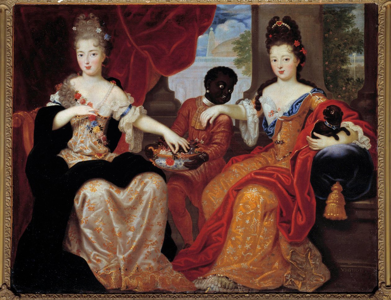 صور مادموزيل دي بلوا ومادموزيل دي نانت خدمها خادمهم الأسود "". Mademoiselle de Blois (1677-1749) ، زوجة لويس دي بوربون المستقبلية ، مادموزيل دي نانت (1673-1743) ، دوقة أورليانز المستقبلية. لوحة لكلود فرانسوا الخامس بواسطة كلود فرانسوا فيجنون