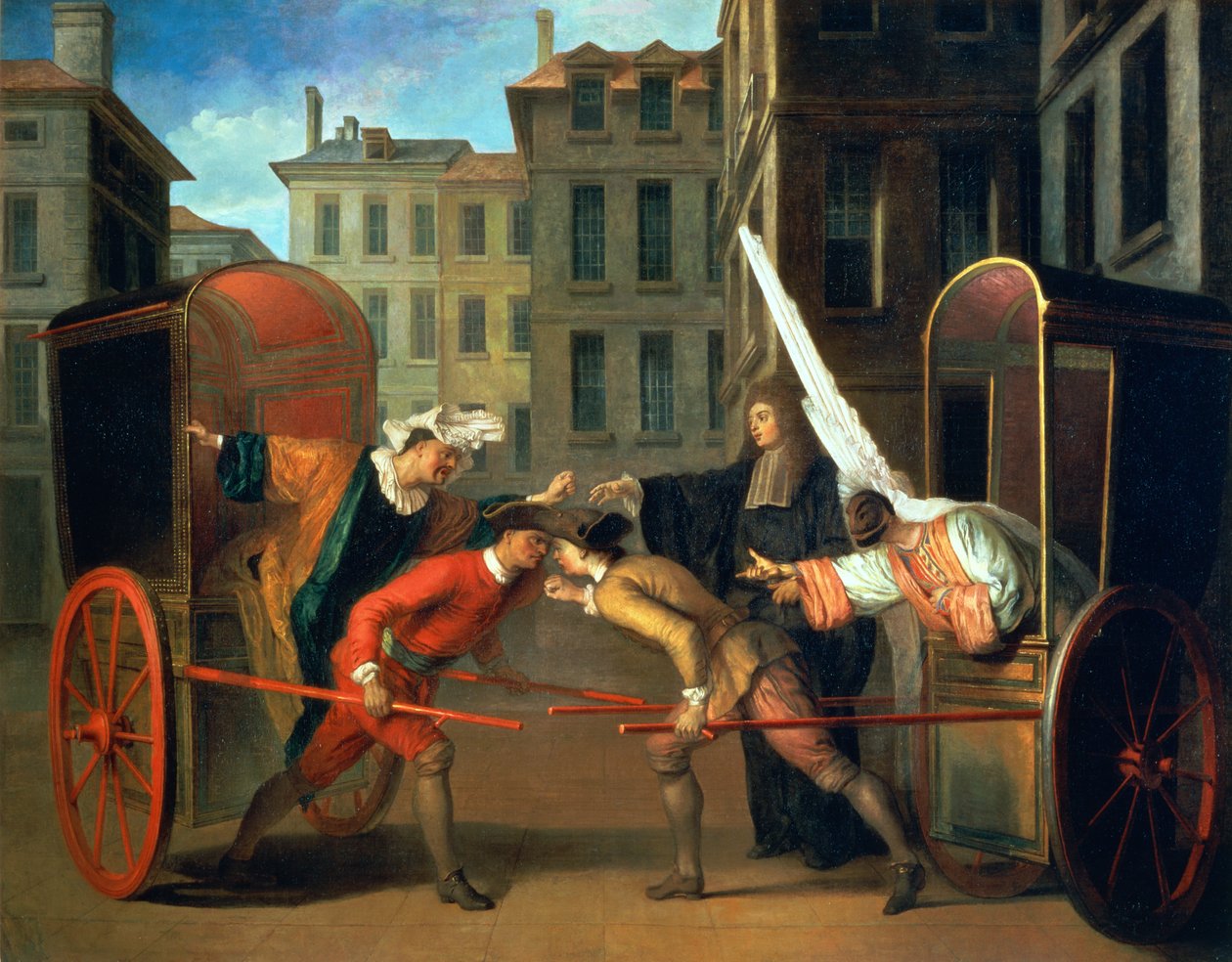 المدربين ، مشهد يضاف إلى الكوميديا "المعرض في سان جيرمان" لجان فرانسوا ريجنارد (1655-1709) وتشارلز ريفيير دوفرسني (1648-1724) حوالي 1695 (زيت على قماش) بواسطة كلود جيلو