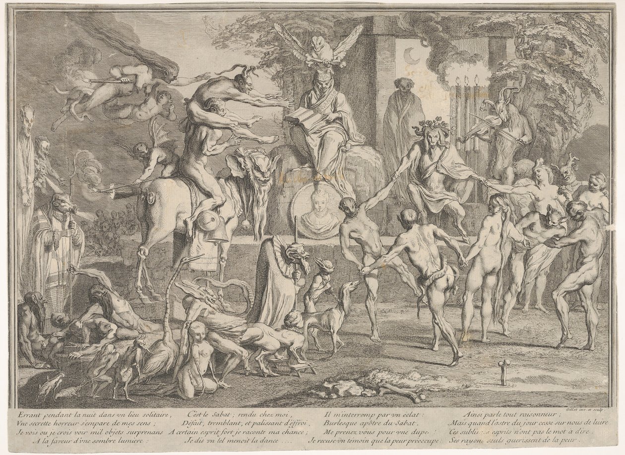 السحرة السبت ، ضمن مشهد ليلي ، مستحضر الأرواح يجلس في المركز العلوي ... ، كاليفورنيا. 1700-1720. بواسطة كلود جيلو