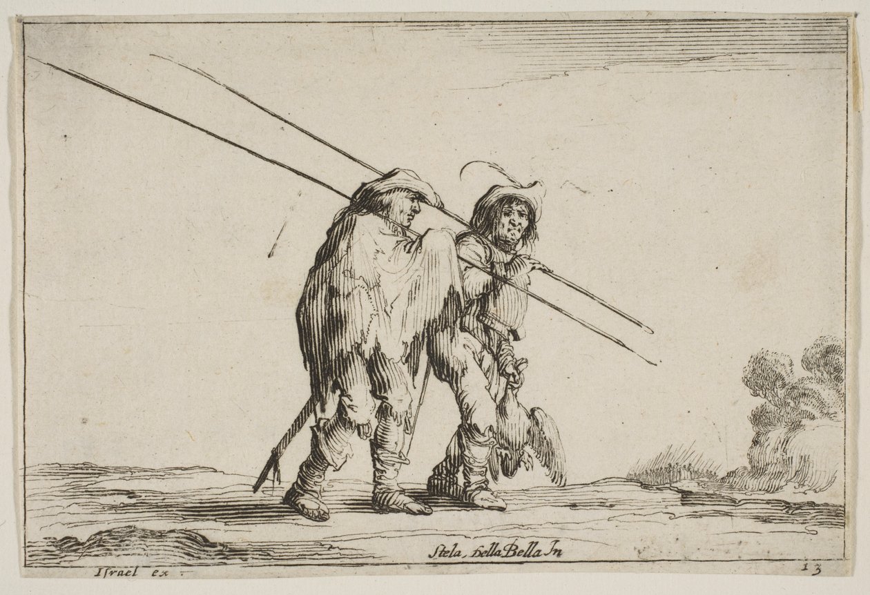 اللوحة 13: رجلان يمشيان في اتجاه اليمين ، كلٌ منهما يحمل يده اليمنى ... ، 1642. بواسطة كلود جويراند