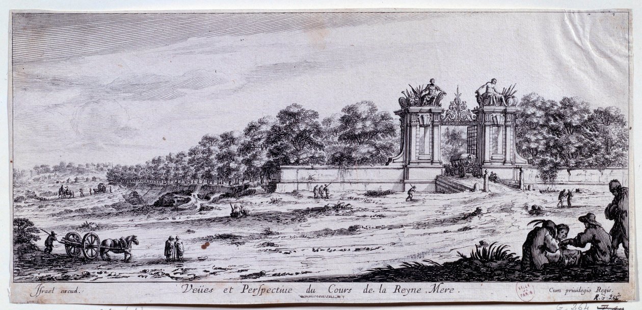 عرض ومنظور Cours de la Reine Mere تم إنشاء هذه المسيرة في عام 1616 بالقرب من Place de l'Alma في باريس بواسطة Marie de Medicis. رسم لكلود جويران (1620-1662) القرن السابع عشر في باريس ، متحف كارنافالي بواسطة كلود جويراند