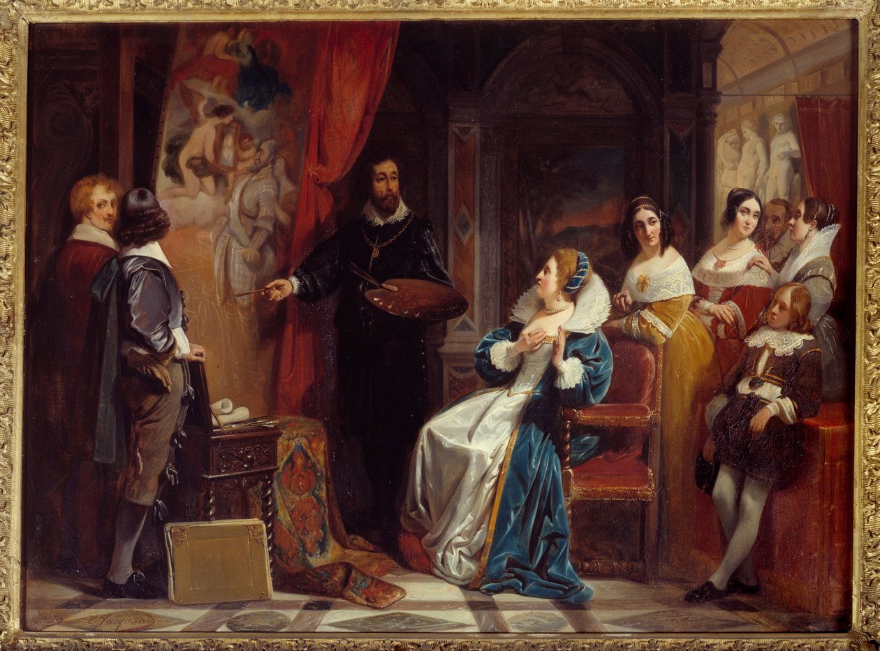 ملكة فرنسا ماري دي ميديسي (1573-1642) تزور ورشة الرسام بيير بول (بيير بول) روبنز (أو بيتر بول أو بيتروس بولوس) (1577-1640). لوحة لكلوديوس جاكواند (1804-1878) بواسطة كلود جاكوند