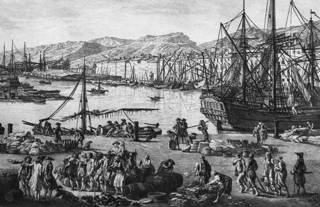 ميناء تولون القديم ، يُرى من متاجر التموين ، سلسلة "Les Ports de France" ، نقشها تشارلز نيكولاس كوشين الأصغر (1715-90) وجاك فيليب لو باس (1707-83) 1762 (تفاصيل الجانب الأيسر) ( انظر أيضًا 382970 ، 382972) (التنميش) بواسطة كلود جوزيف (بعد) فيرنيه