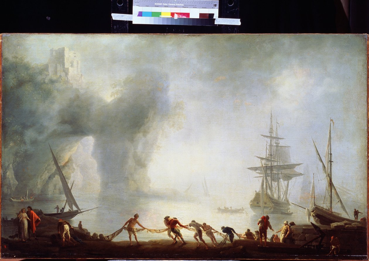 الفجر فوق كابري ، ضباب. لوحة لكلود جوزيف فيرنيه (1714-1789). زيت على قماش ، 92 × 150 سم ، حوالي عام 1745. المدرسة الفرنسية من القرن الثامن عشر. متحف بوشكين للفنون الجميلة ، موسكو. بواسطة كلود جوزيف فيرنيه