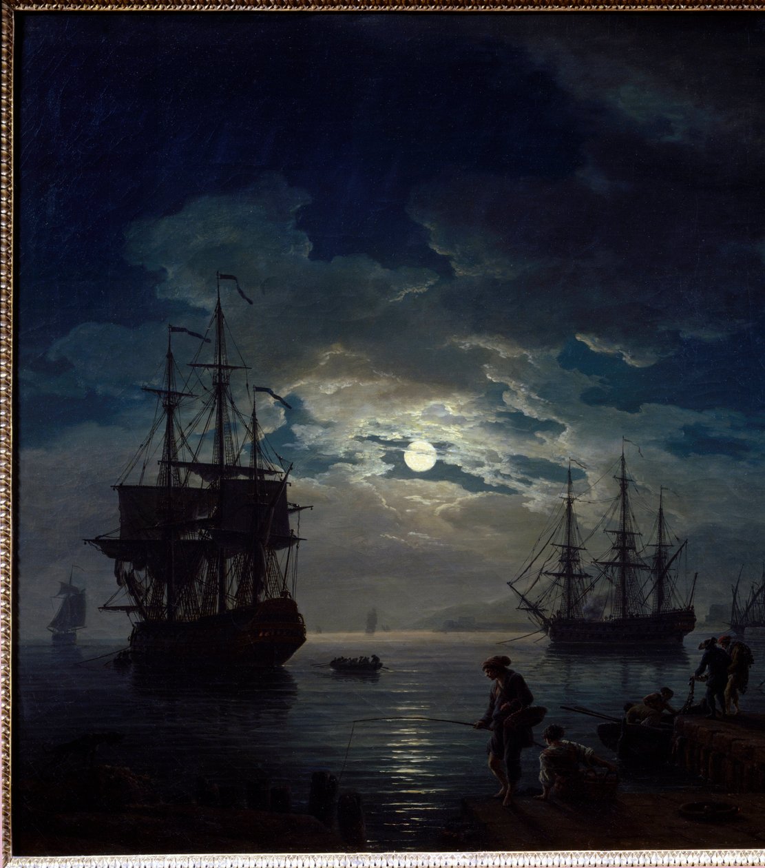 صيد ضوء القمر منظر ليلي للميناء. التفاصيل. رسم جوزيف فيرنيه (1714-1789) 1773 باريس ، متحف اللوفر بواسطة كلود جوزيف فيرنيه