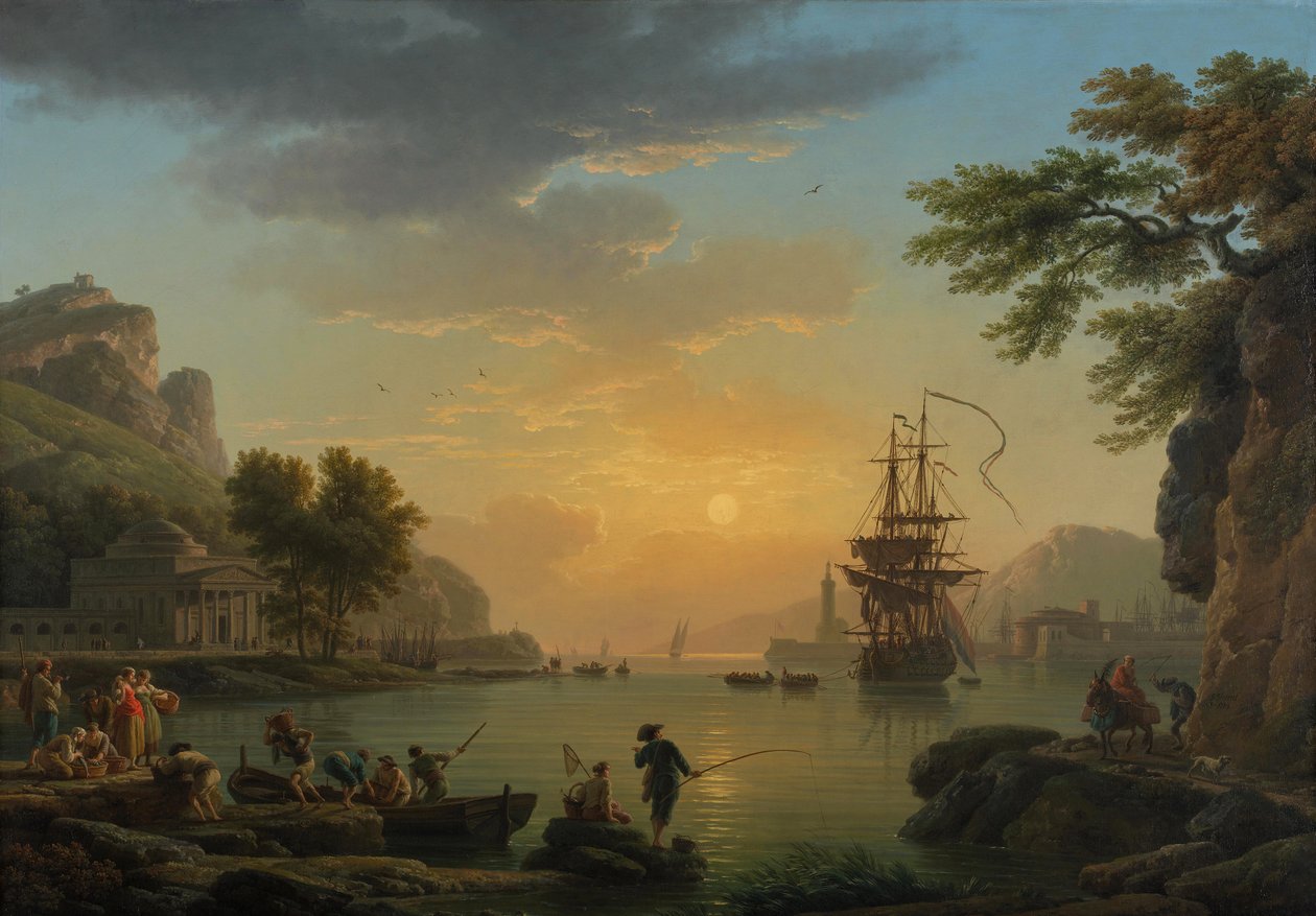 "" Paysage au sunset avec retour de peche "(منظر طبيعي عند غروب الشمس مع عودة الصيادين بصيدهم) لوحة لكلود جوزيف فيرنت (1714-1789) زيت على قماش ، 1773 خافت 114.5x164 سم المعرض الوطني ، لندن بواسطة كلود جوزيف فيرنيه