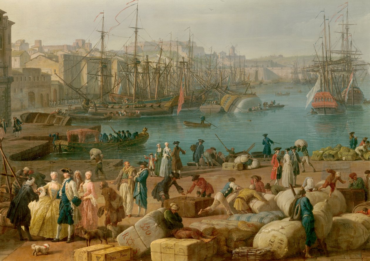 ميناء مرسيليا في القرن الثامن عشر تمثل التفاصيل تفريغ البضائع. رسم جوزيف فيرنيه (1714-1789) القرن الثامن عشر في باريس. المتحف البحري بواسطة كلود جوزيف فيرنيه