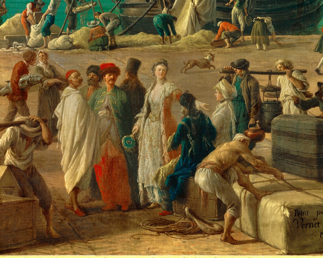 تفاصيل: ميناء مرسيليا في القرن الثامن عشر "" تفصيل يمثل تفريغ البضائع. رسم جوزيف فيرنيه (1714-1789) القرن الثامن عشر في باريس. المتحف البحري بواسطة كلود جوزيف فيرنيه