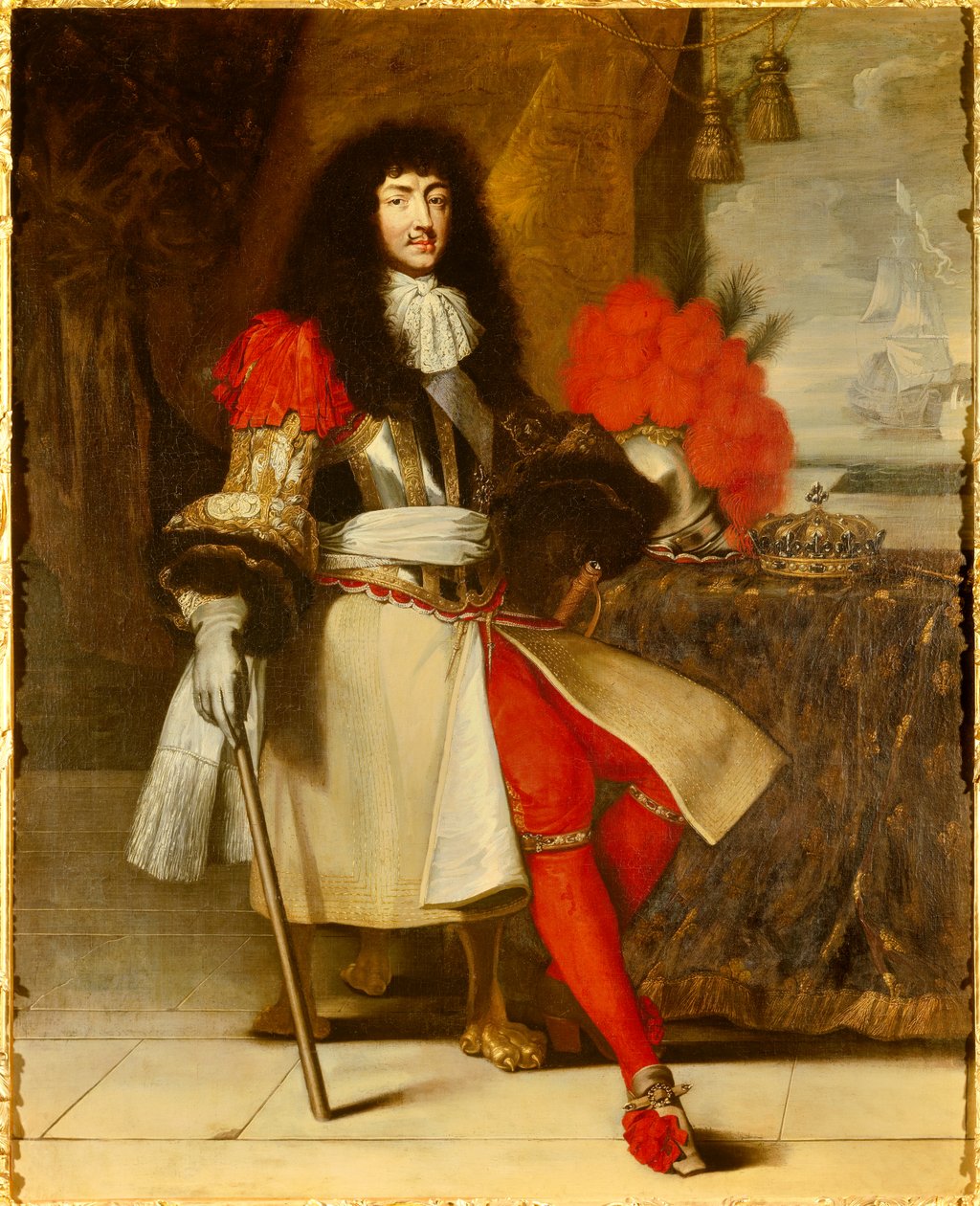 Portrait in foot of Louis XIV, King of France and Navarre (1638-1715) - circa 1665-1670 (battleship with crown and sceptre posed on the table, in front of a maritime landscape with a boat) Painting by Claude Lefebvre (1632-1675) Around 1670 Sun. 1,96x1,55  بواسطة كلود ليفبفر