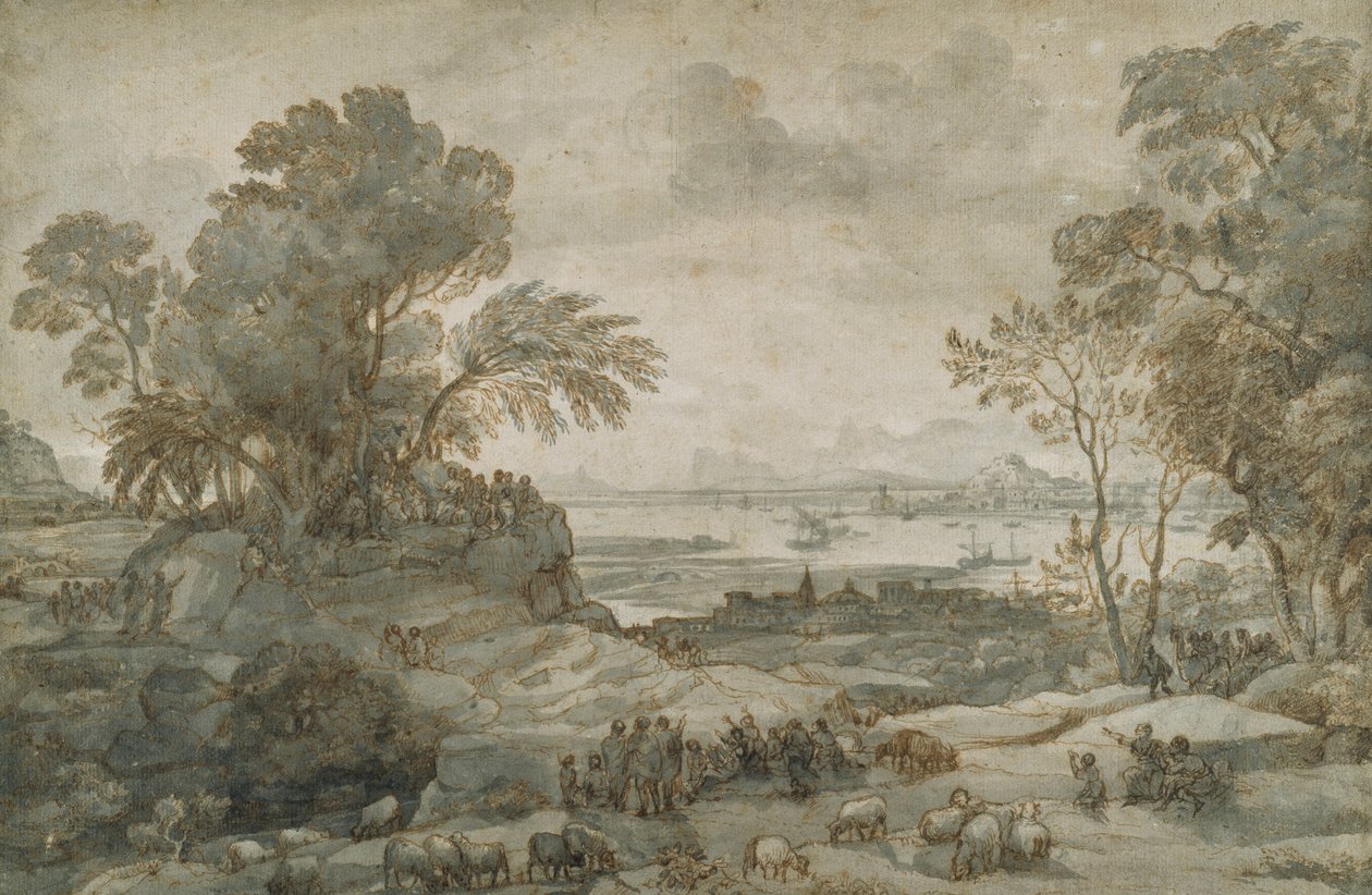 Landscape with Christ Preaching the Sermon on the Mount (pen & brown ink with grey wash on paper) بواسطة كلود لورين