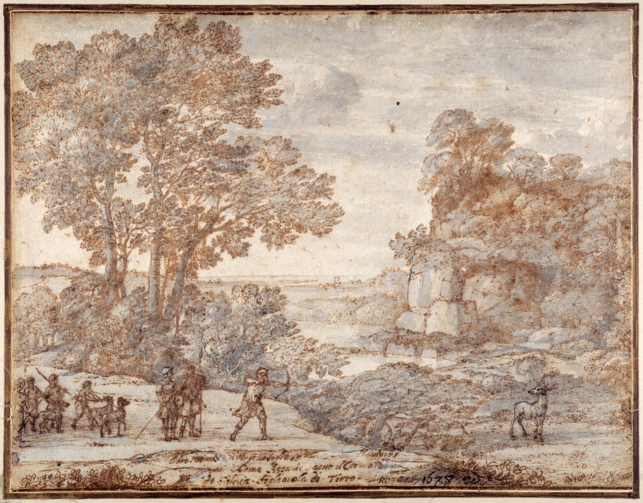 Ascanius shooting the stag of Sylvia, c.1680 (pen & ink with wash on paper) بواسطة كلود لورين