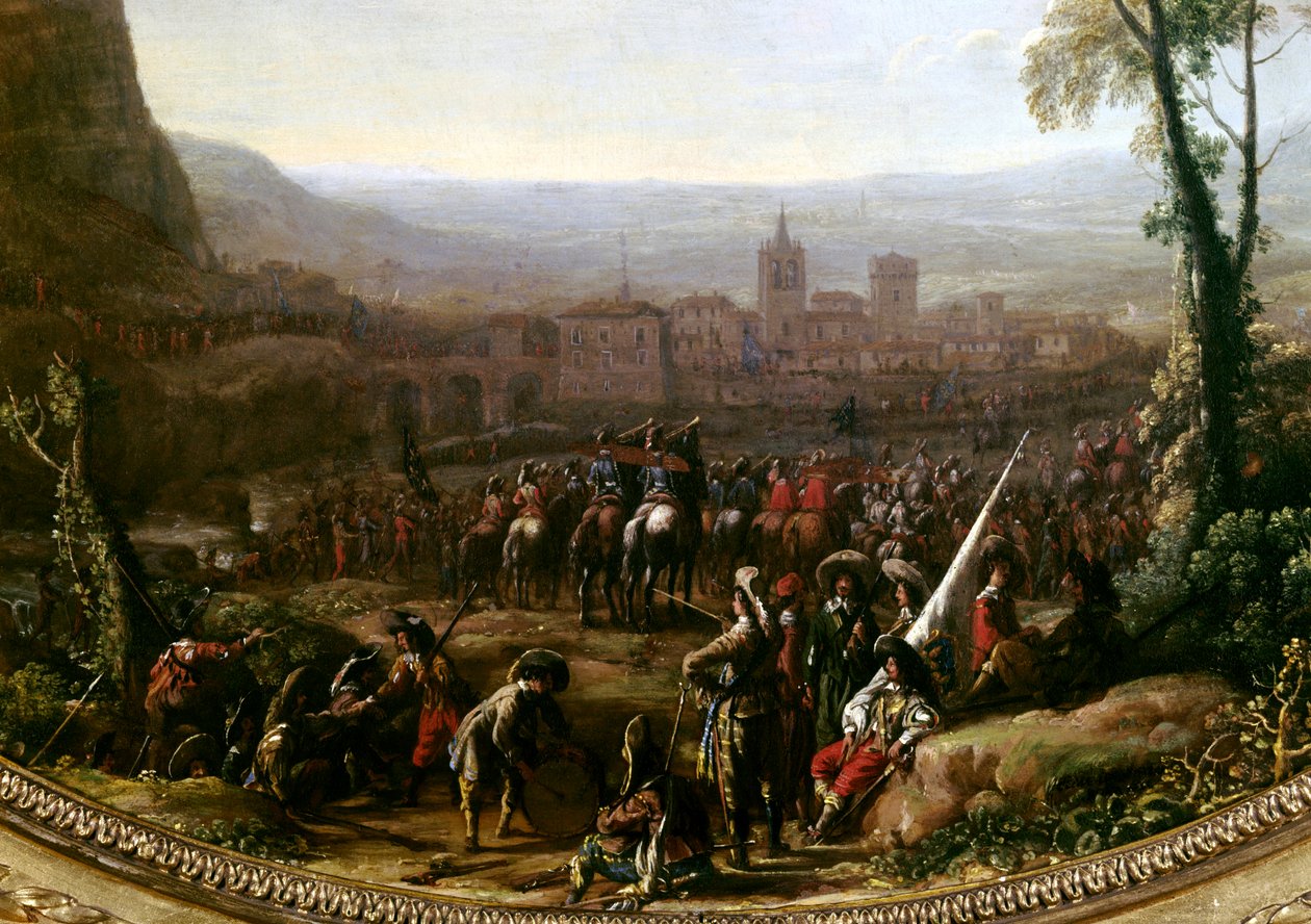 لويس الثالث عشر (1601-1643) أجبر ممر سوسا بالقرب من تورين ، ودافع عنه قوات دوق سافوي في عام 1629. التفاصيل. لوحة لكلود جيلي دي لو لورين (1600-1682) باريس ، متحف اللوفر بواسطة كلود لورين