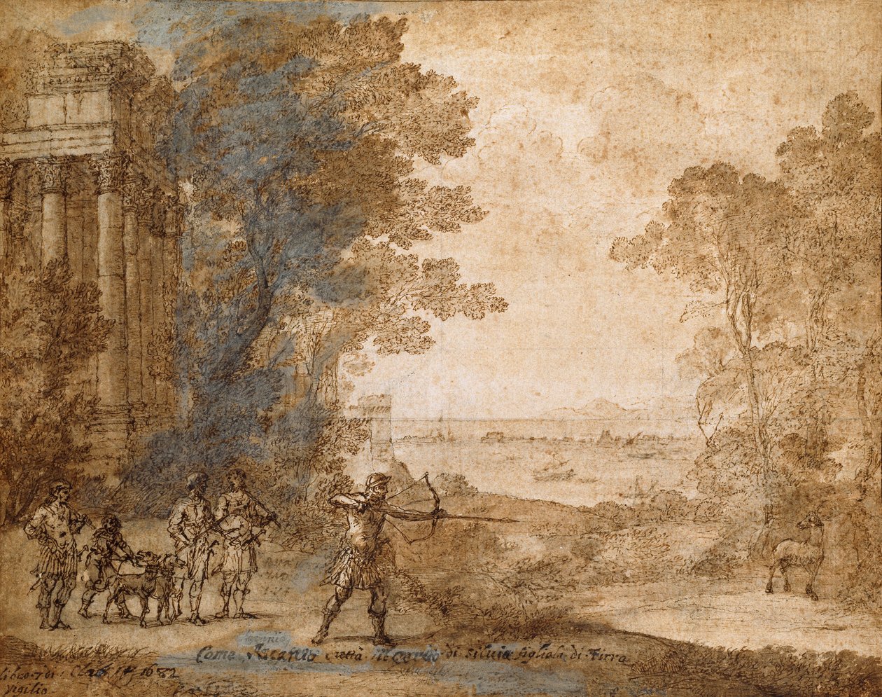 منظر طبيعي مع أسكانيوس وهو يطلق النار على أيل سيلفيا ، 1680-1682 بواسطة كلود لورين