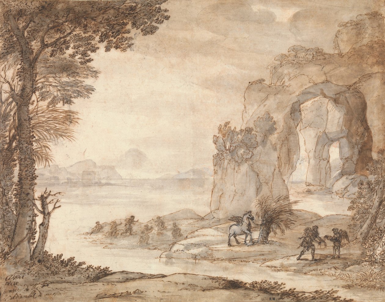 بيرسيوس وأصل المرجان ، ج .1671 (الطباشير الأسود ، البني الداكن والحبر الأسود ، البني الداكن والرمادي مع الأبيض) بواسطة كلود لورين