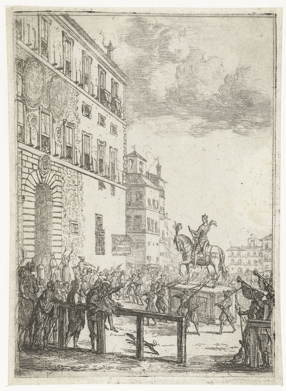 تمثال الفروسية لإمبراطور الإمبراطورية الرومانية المقدسة Le Statue equestre du roi des romains الألعاب النارية والاحتفالات بمناسبة الإمبراطور المنتخب حديثًا للإمبراطورية الرومانية المقدسة (عنوان السلسلة) بواسطة كلود لورين