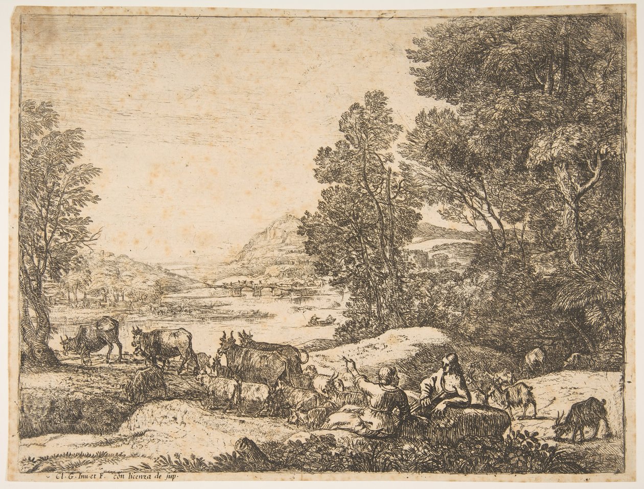 الراعي والراعية يتحدثان في منظر طبيعي ، كاليفورنيا. 1651. بواسطة كلود لورين