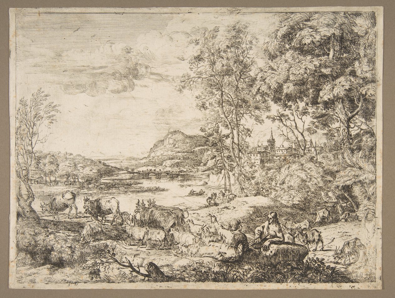 الراعي والراعي يتحدثان في المناظر الطبيعية ، كاليفورنيا. 1651. بواسطة كلود لورين