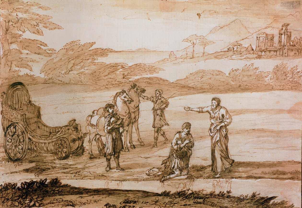 القديس فيليب يعمد الخصي ، 1677 (حبر وغسل على الورق) بواسطة كلود لورين