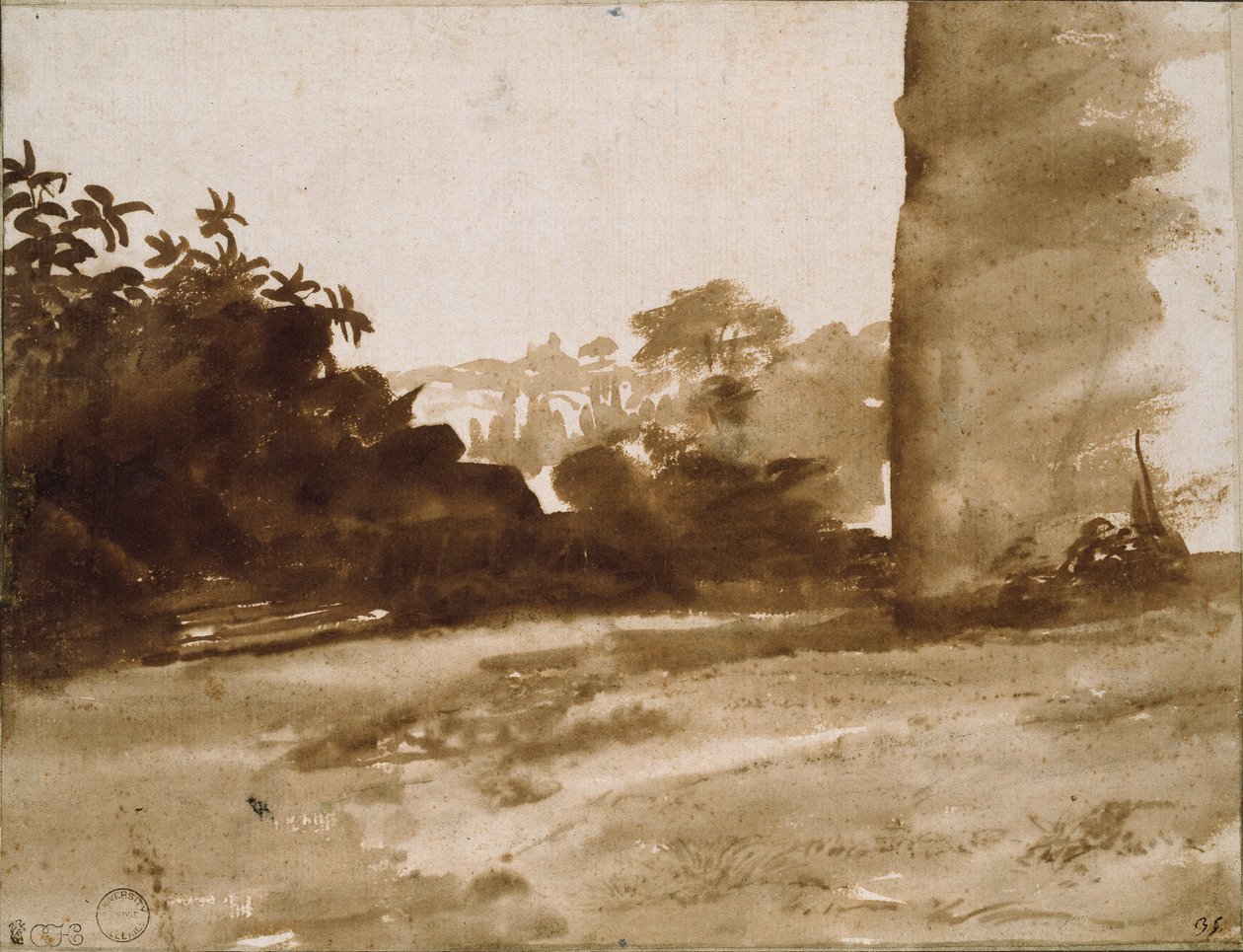 منظر لشجيرات مع جدار على اليمين ، c1640 بواسطة كلود لورين