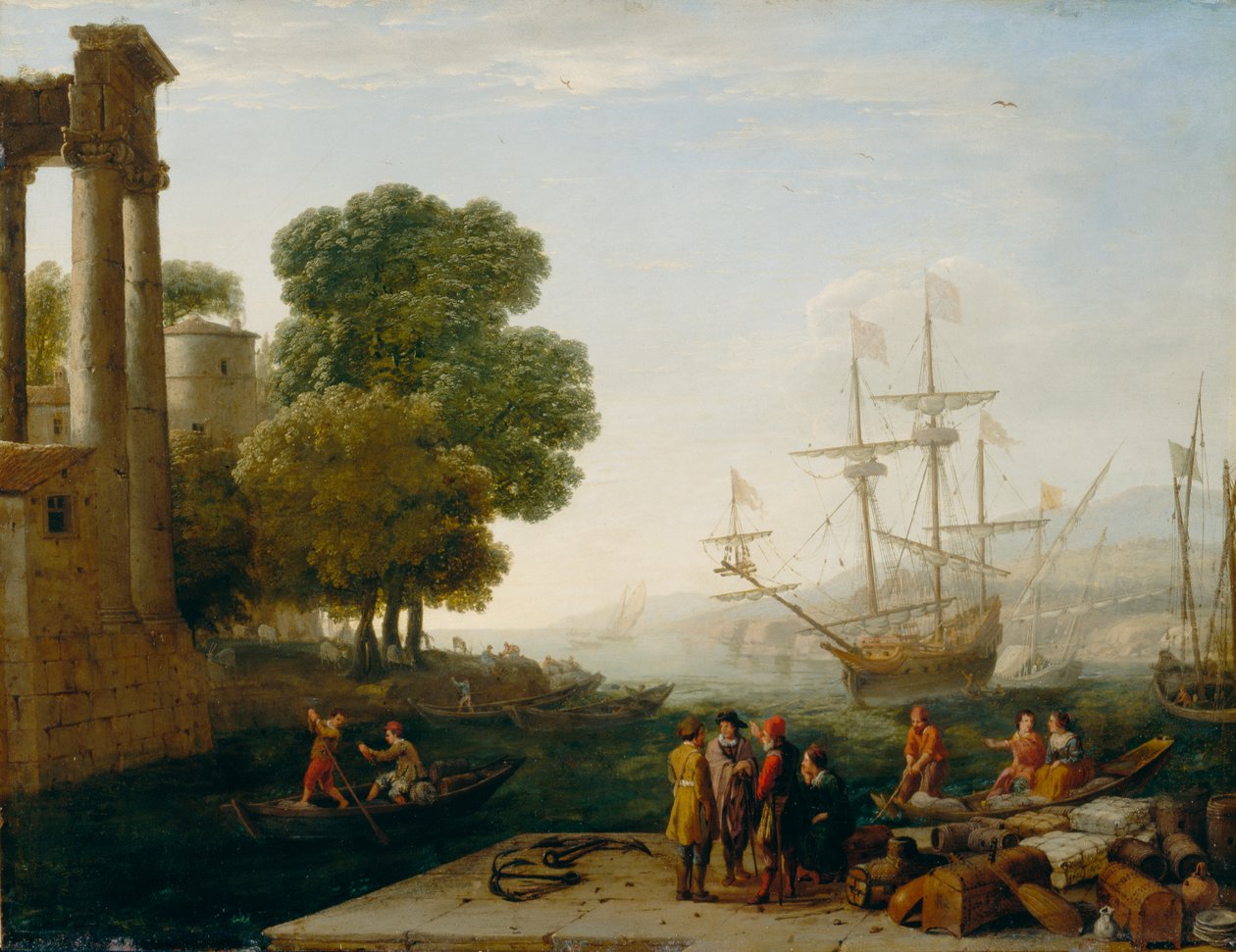 ميناء عند الغروب ، 1643 (زيت على لوحة نحاسية) بواسطة كلود لورين