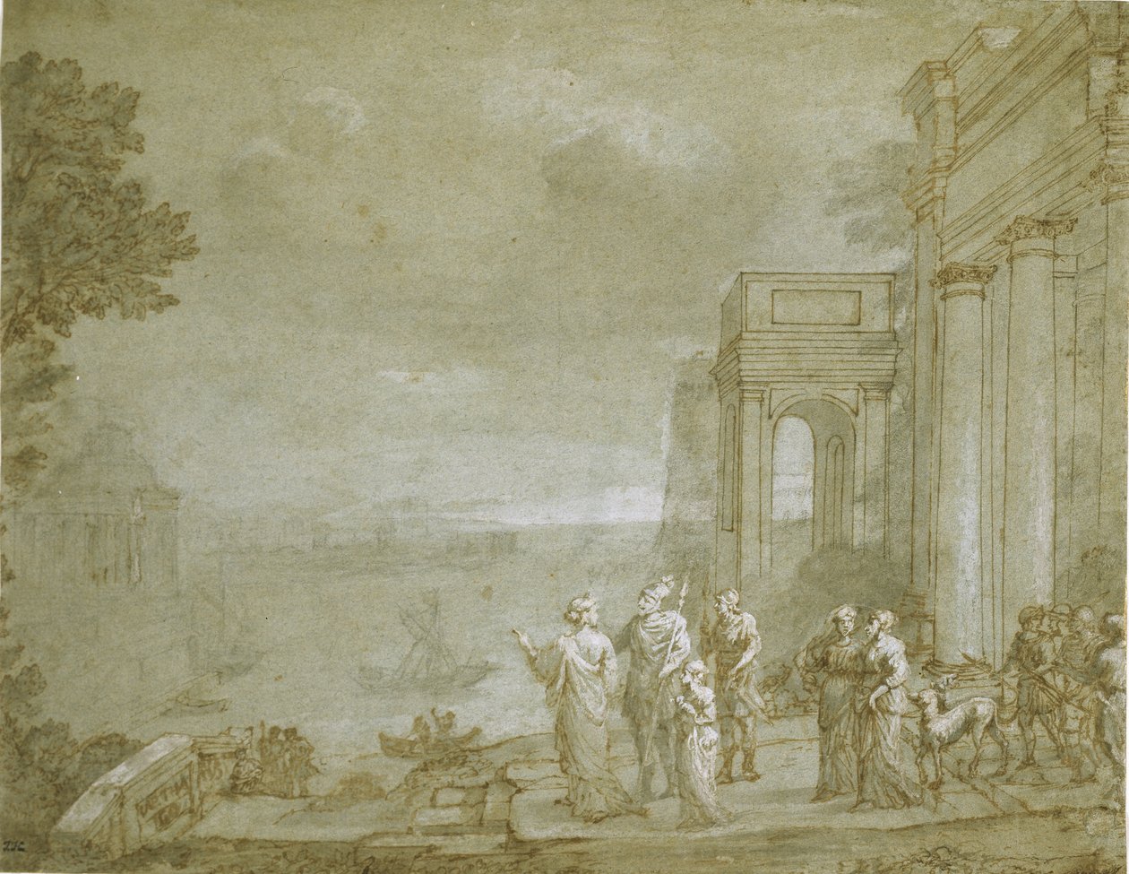 منظر لقرطاج مع ديدو وأينيس ، 1676 (قلم وحبر مع غسل وطباشير ، مرتفع باللون الأبيض على الورق) بواسطة كلود لورين