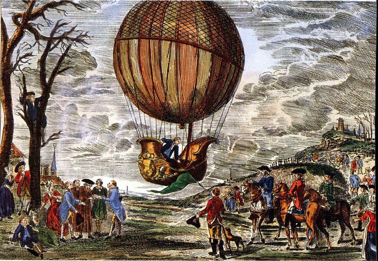 رحلة منطاد الهواء الساخن تحت مظهر دوق شارتر عام 1783، نقش بواسطة كلود لويس (بعد) دسريس