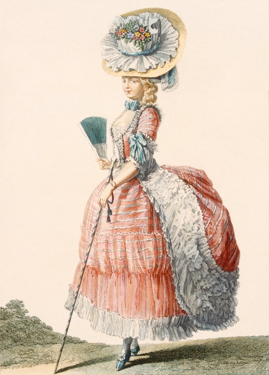 فستان تنزه نسائي ، محفور بواسطة Dupin ، لوحة من "Galeries des Modes et Costumes Francais" ، حوالي 1778-87 (نقش ملون) 99: الملابس ؛ لباس تقليدي لباس تقليدي؛ موضه؛ توضيح؛ c18 ؛ الموضة؛ ملابس؛ أنثى؛ المعجب؛ قبعة؛ قصب؛ بواسطة كلود لويس (بعد) دسريس