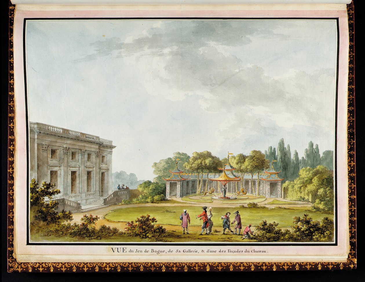 "Vue de Jeu de Bague، de Sa Gallerie، & d" une des Façades du Chateau "من قصر الملكة وحدائق في Petit Trianon: ألبوم فخم للرسومات والخطط الأصلية بتكليف من ماري أنطوانيت ، من قبل المهندس المعماري ريتشارد ميك بواسطة كلود لويس شاتليت