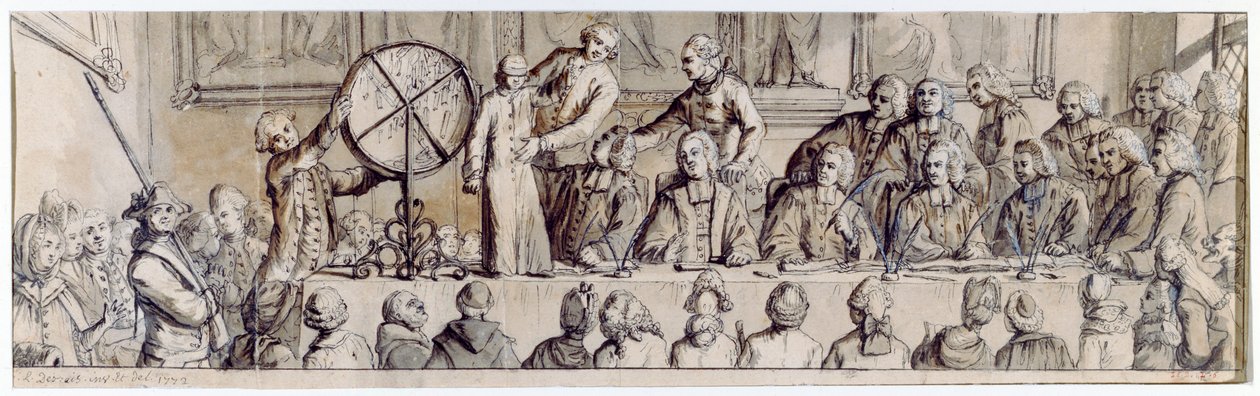رسم اليانصيب في فندق دي فيل ، 1772 (قلم وحبر وغسل) بواسطة كلود لويس Desrais