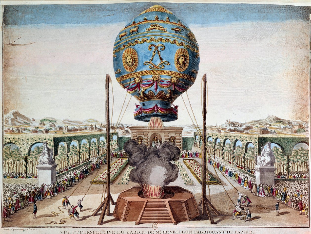 Experience of the Montgolfiere brothers on 19 October 1783 in the garden of Monsieur Reveillon, faubourg Saint Antoine in Paris. Engraving by Desrais Claude Louis Desrais (1746-1816) بواسطة كلود لويس Desrais