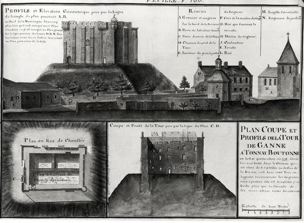 الورقة. ١٠٦ المقطع العرضي والرسم الجانبي لسباق Tour de Ganne في Tonnay Boutonne ، من Recueil des Plans de Saintonge (قلم وحبر ومرحاض على ورق) بواسطة كلود ماسي