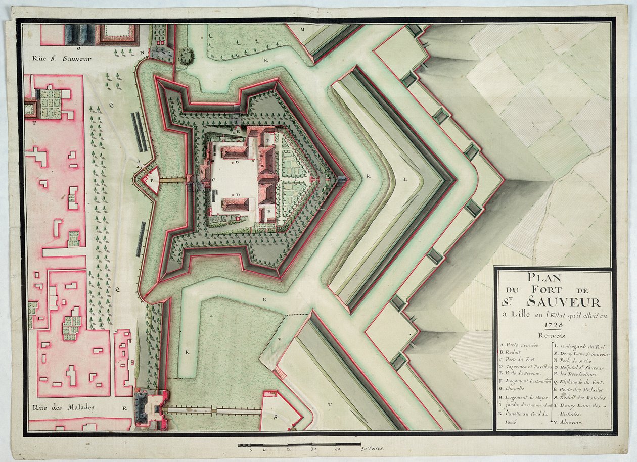 حصن Saint-Sauveur ، ليل ، عام 1728 ، من "Traite de Fortifications" (قلم وحبر ومرحاض على ورق) بواسطة كلود ماسي