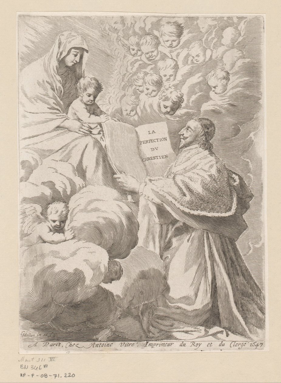 يقدم Armand-Jean du Plessis Duke of Richelieu كتابًا لمريم والطفل صفحة العنوان لـ: Armand-Jean du Plessis Duke of Richelieu، Traité de la perfection du chrétien بواسطة كلود ميلان