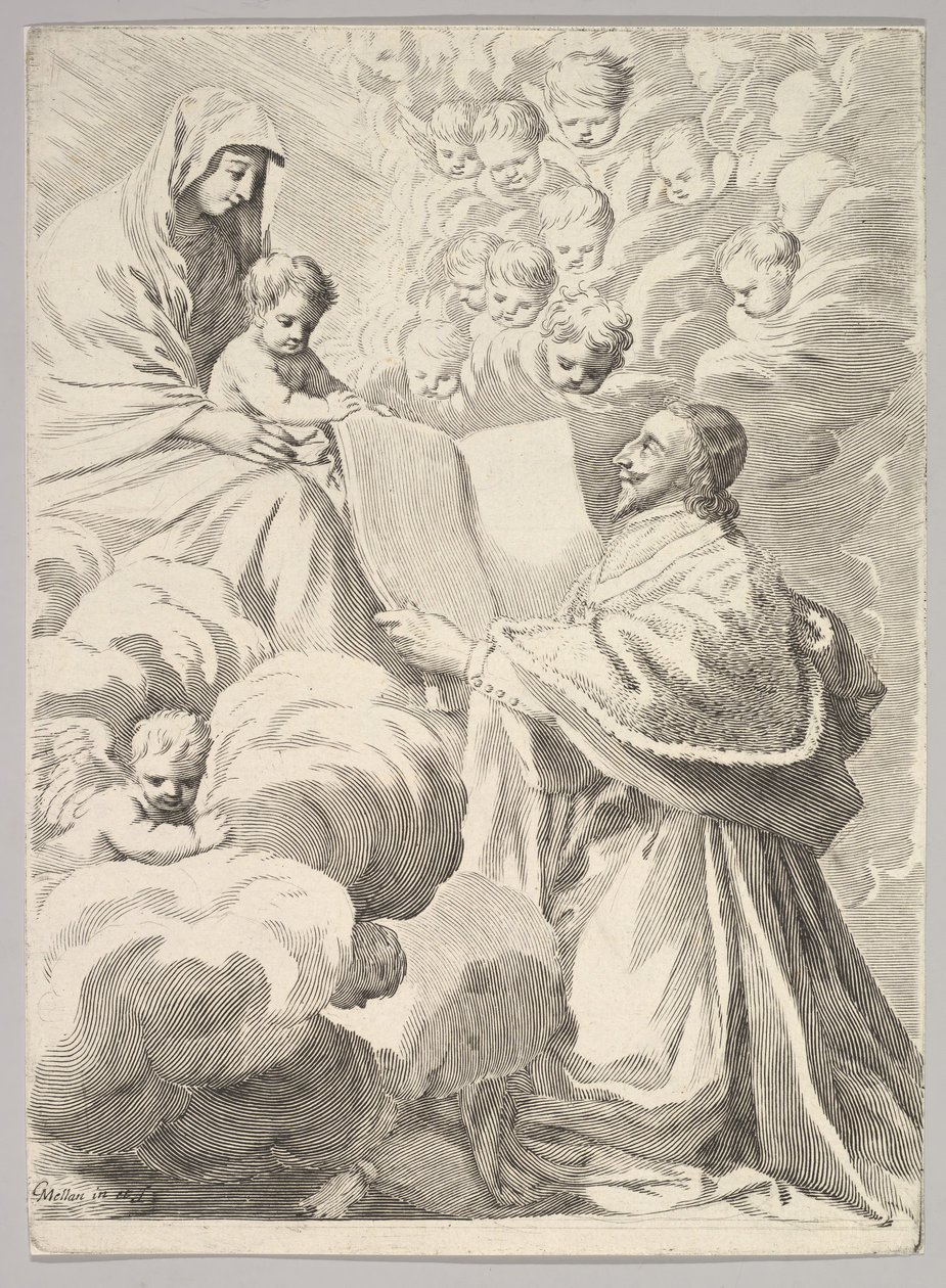 الكاردينال ريشيليو ، راكع ، يقدم كتابه إلى العذراء والطفل ، كاليفورنيا. 1646. بواسطة كلود ميلان