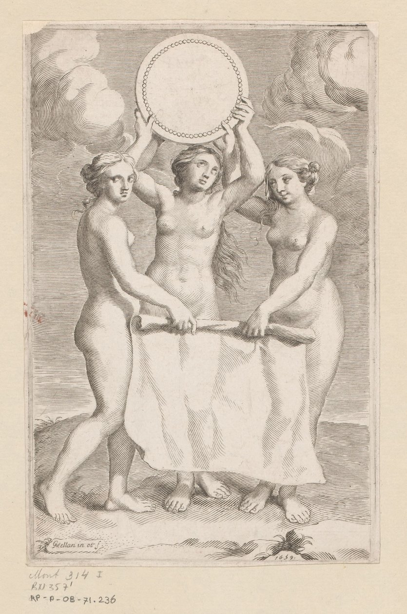 ثلاث نعمة بميدالية صفحة العنوان لـ: Balthazar de Vias، Charitum libri tres، 1660 بواسطة كلود ميلان