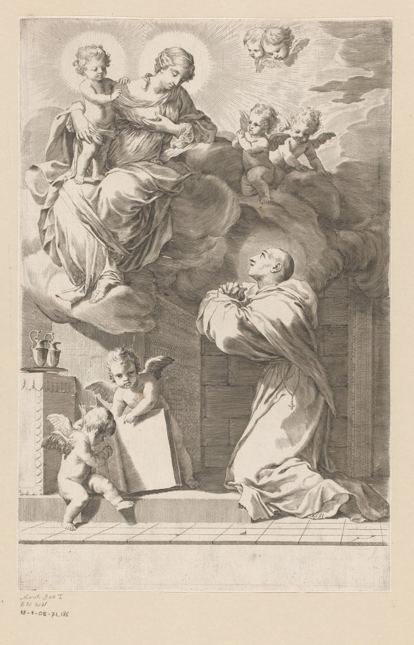 القديس برنارد راكعًا أمام ظهور العذراء والطفل صفحة العنوان لـ: Saint Bernardus ، Divi Bernardi Abbatis (...) ، 1640 بواسطة كلود ميلان