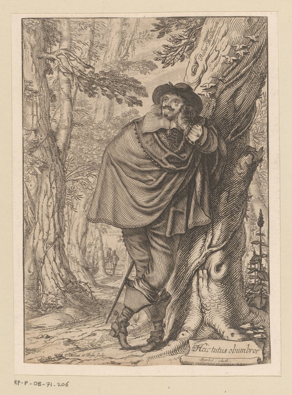 جيمس هاول يتكئ على شجرة صفحة العنوان لـ: James Howell ، Dendrology (...) ، 1641 بواسطة كلود ميلان