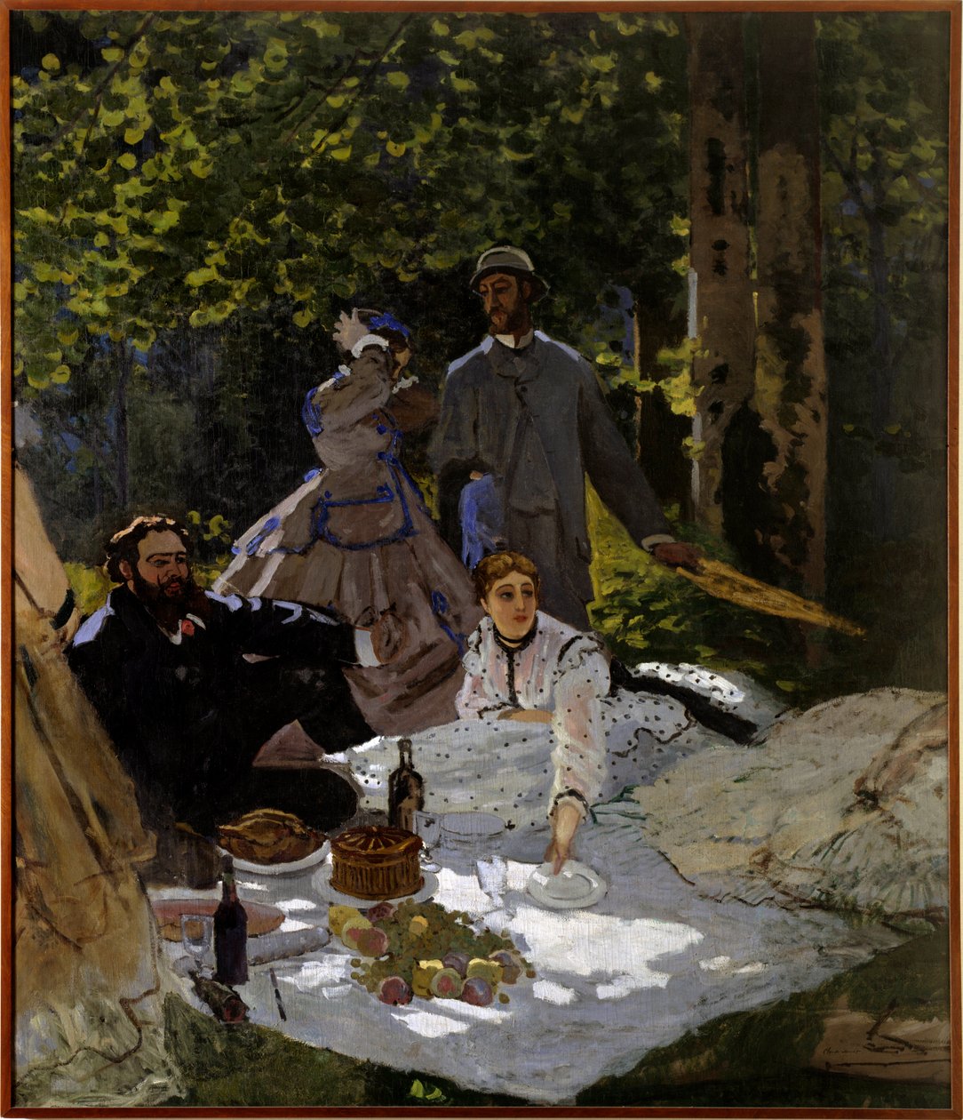 الإفطار على قطعة من العشب. الجزء الأيسر. الجانب الأيمن: تمثيل من اليسار إلى اليمين لـ Gustave Courbet و Camille Doncieux و Frederic Bazille (يقف في الوسط). لوحة لكلود مونيه (1840-1926) 1865-1866 صن. 2،48x2،17 م باريس ، متحف دورسيه. بواسطة كلود مونيه