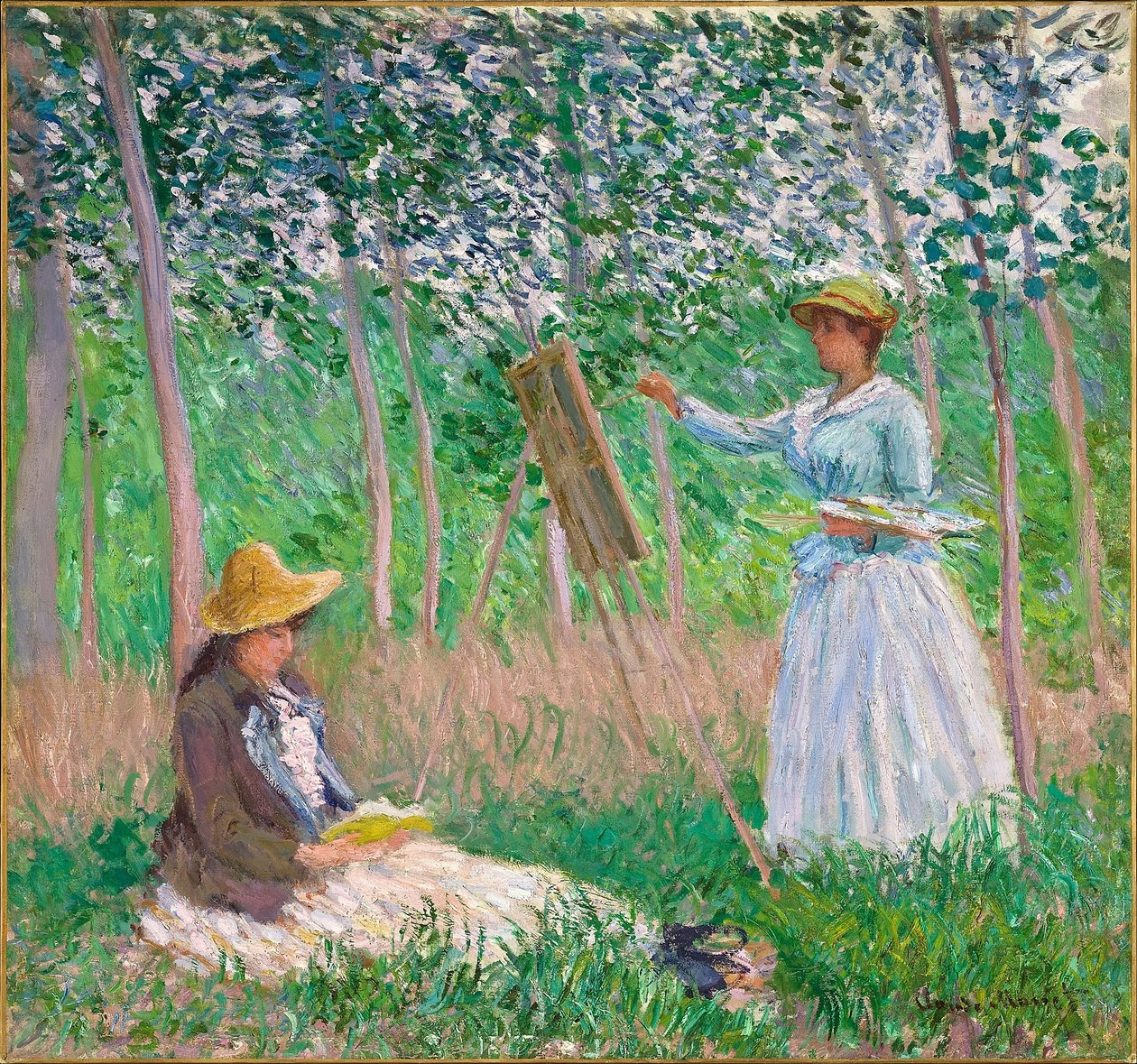 In the Woods at Giverny- Blanche Hoschedé at Her Easel with Suzanne Hoschedé Reading بواسطة كلود مونيه