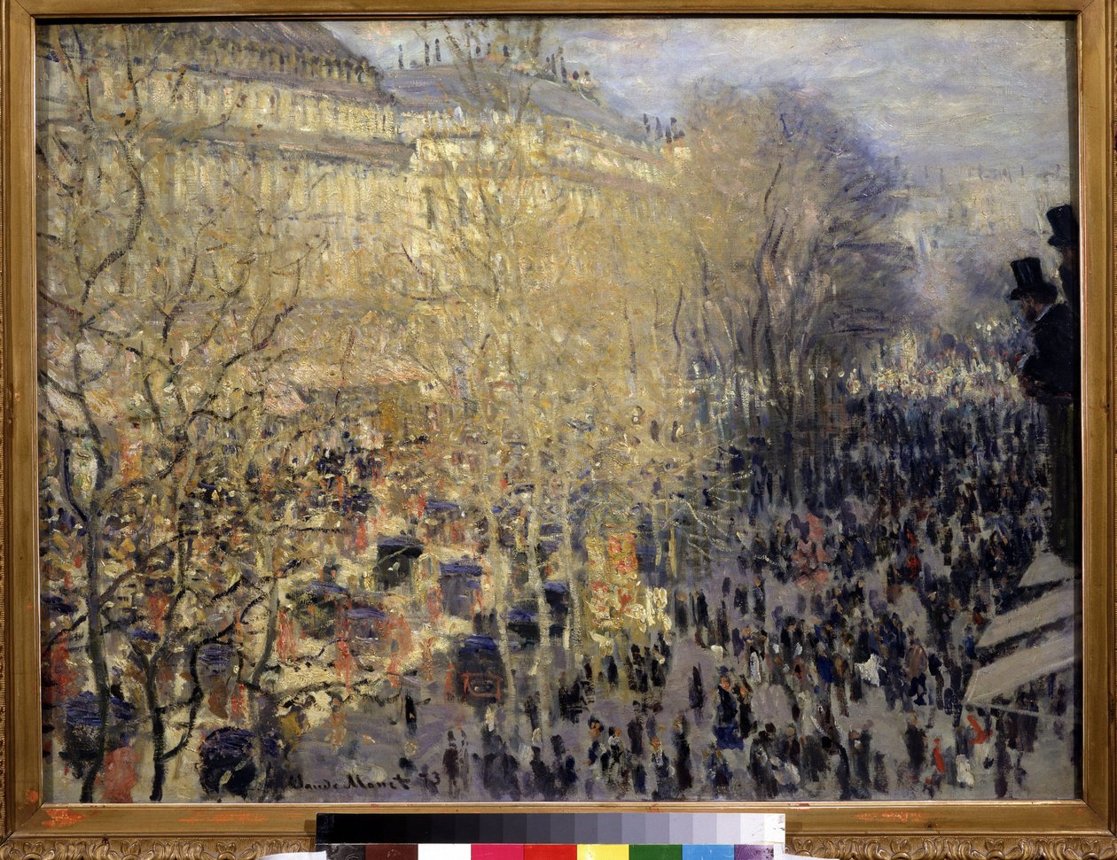 "" Le boulevard des Capucines "" حشد من المارة وحركة المرور في منطقة الأوبرا في باريس. لوحة لكلود مونيه (1840-1926). زيت على قماش. انطباعية. 1873. خافت 61x80 سم ، متحف بوشكين ، موسكو بواسطة كلود مونيه