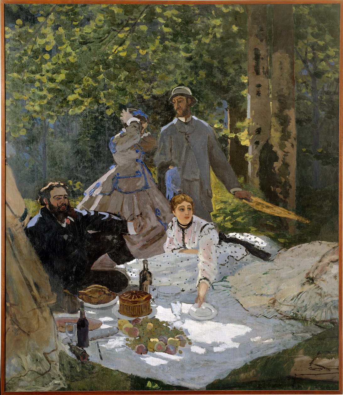 The breakfast on the grass (portrait of Frederic Bazille (1841-1870) in the centre, Camille Doncieux (1847-1879) and Gustave Courbet (1819-1877) a Gauche) بواسطة كلود مونيه