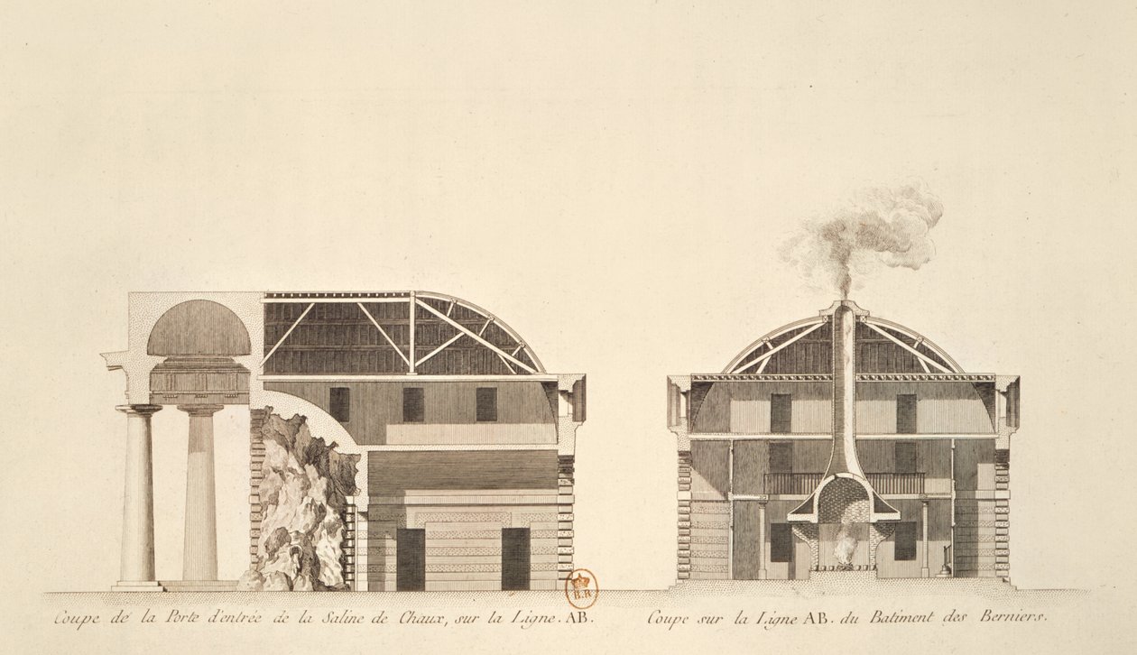 المقطع العرضي لمدخل أعمال الملح في مدينة Chaux المثالية ، c.1801 بواسطة كلود نيكولاس ليدوكس