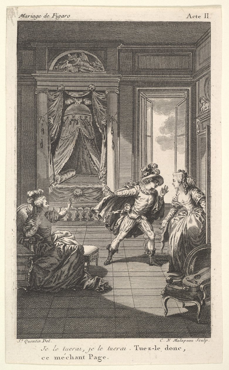 رجل يميل نحو امرأة تقف في مدخل على اليمين ، على اليسار امرأة جالسة تثير ... ، كاليفورنيا. 1784. بواسطة كلود نيكولاس مالابو