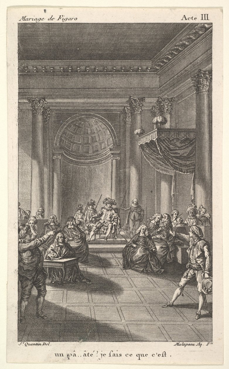 رجل جالس على كرسي على منصة متدرجة يحمل جمهوراً ، رجلان يشيران إلى ستان ، ... 1784. بواسطة كلود نيكولاس مالابو