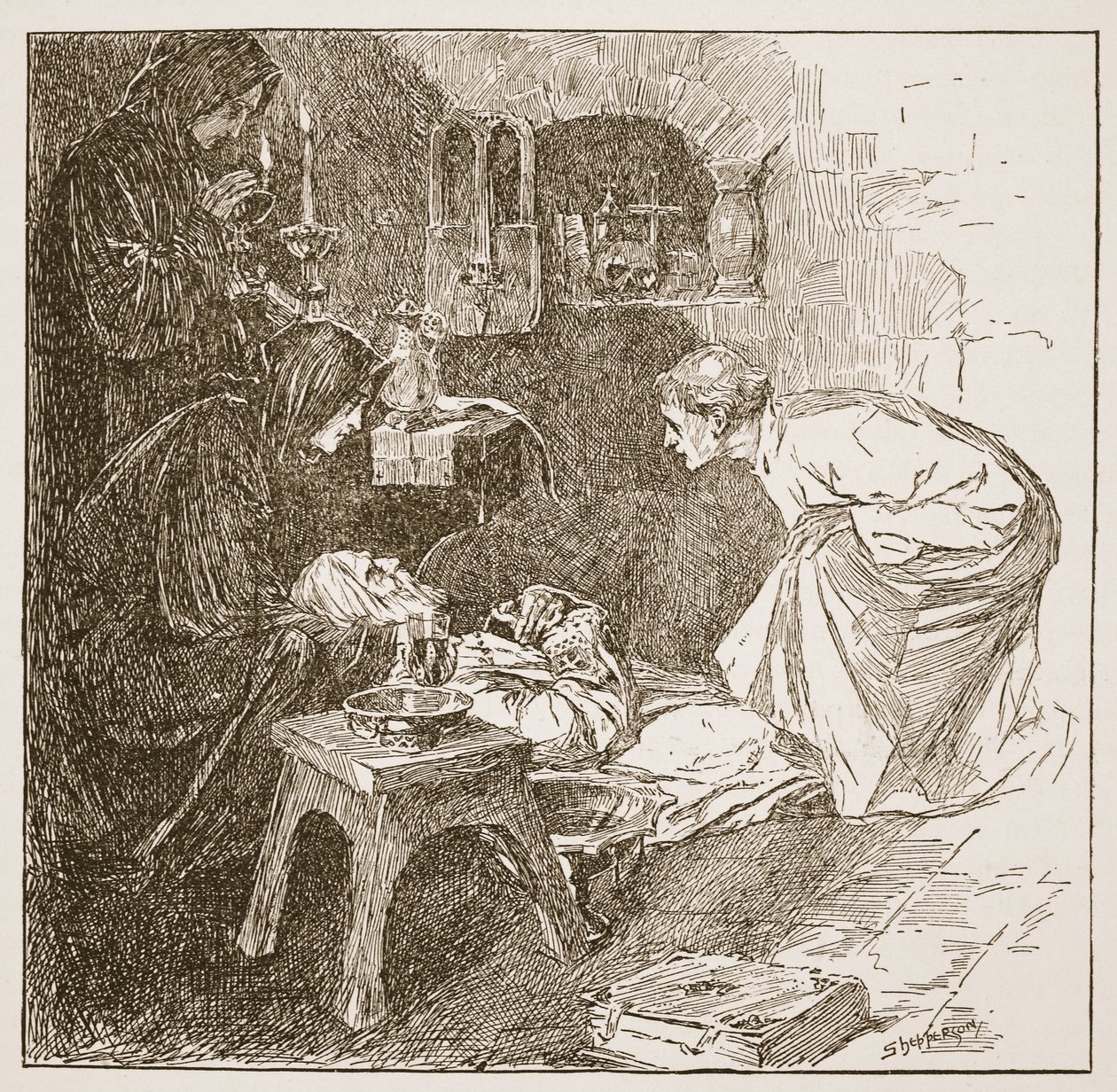 وفاة بيدي ، رسم توضيحي من "كنيسة إنجلترا: تاريخ للشعب" بقلم HDM Spence-Jones ، حانة. ج .1910 (صورة بني داكن) بواسطة كلود شيبرسون