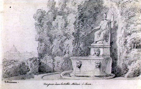 منظر لنافورة في حديقة فيلا ميديشي ، روما ، حوالي 1815-20 (قلم رصاص على ورق) بواسطة كلود ثينون