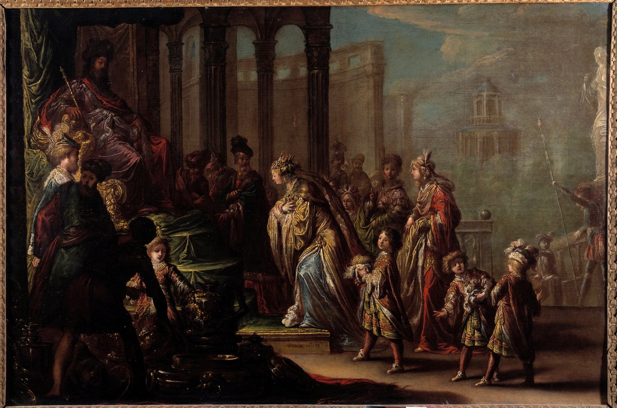 يقول سليمان وملكة سابا أيضًا "" إستير قبل Assuerus 1er (زركسيس 1er) "لوحة لكلود فيجنون (1593-1670) القرن السابع عشر. 0،8x1،19 م باريس ، متحف اللوفر بواسطة كلود فيجنون