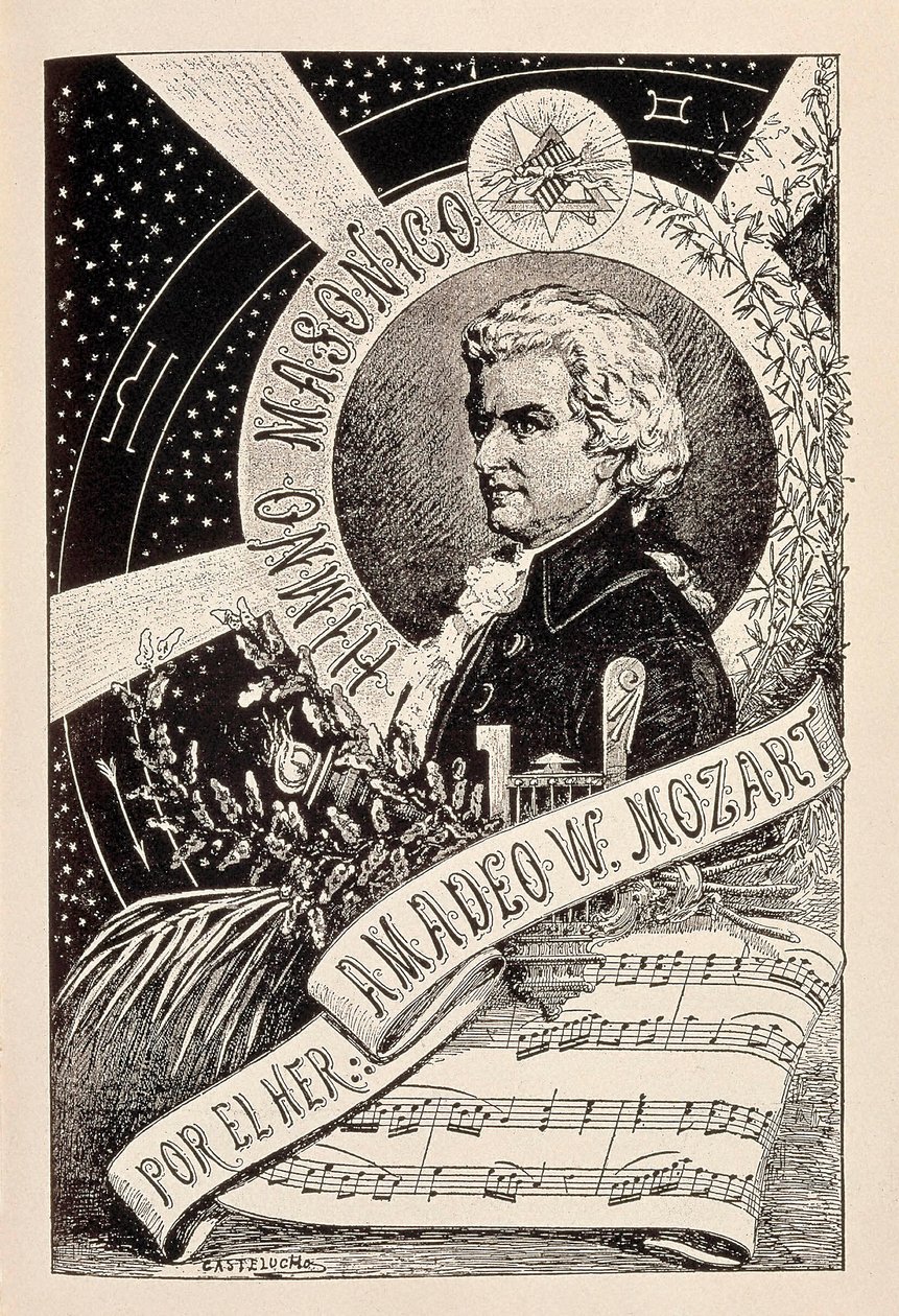 Representation of the Austrian composer Wolfgang Amadeus Mozart (1756-1791), a Freemason member associated with the Encyclopedic Dictionary of Freemasonry, late 19th - early 20th century (engraving) بواسطة كلاوديو كاستيلوتشو