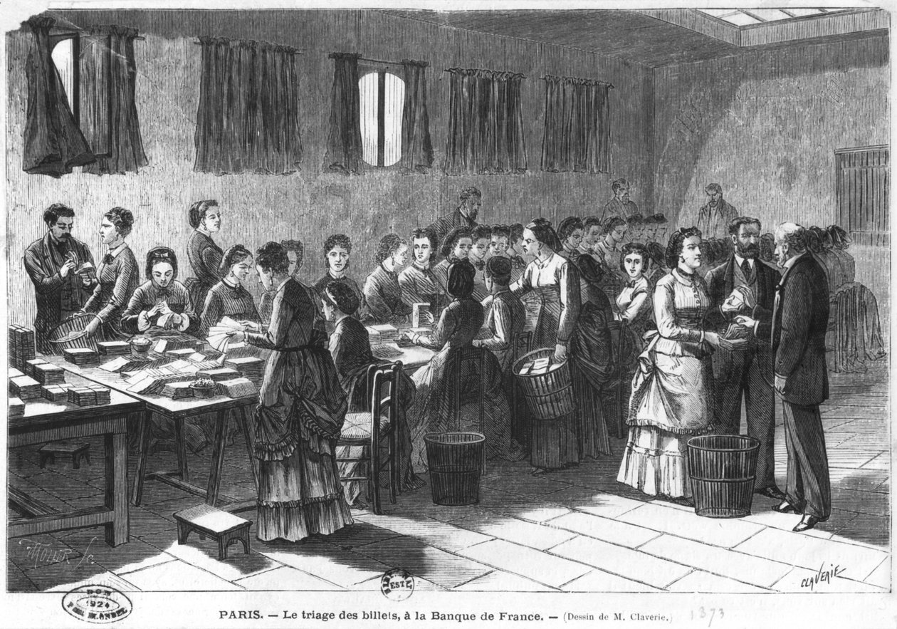 فرز الأوراق النقدية في بنك باريس الفرنسي ، المحفور بواسطة F. Mollet (القرن التاسع عشر) 1897 بواسطة Claverie